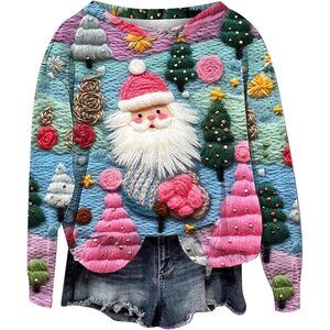 Yinbwol Women Blue Long Sleeve Oversize Round Neck Pullover Christmas Sweatshirt